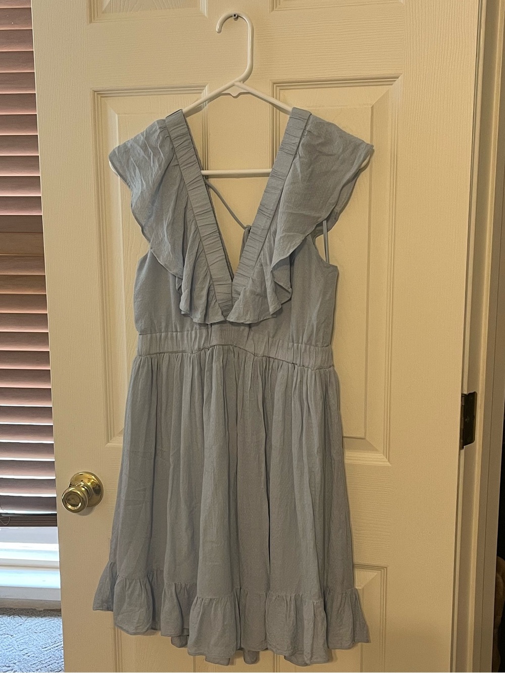 Light Blue Ruffle-Trim Midi Dress with Deep V